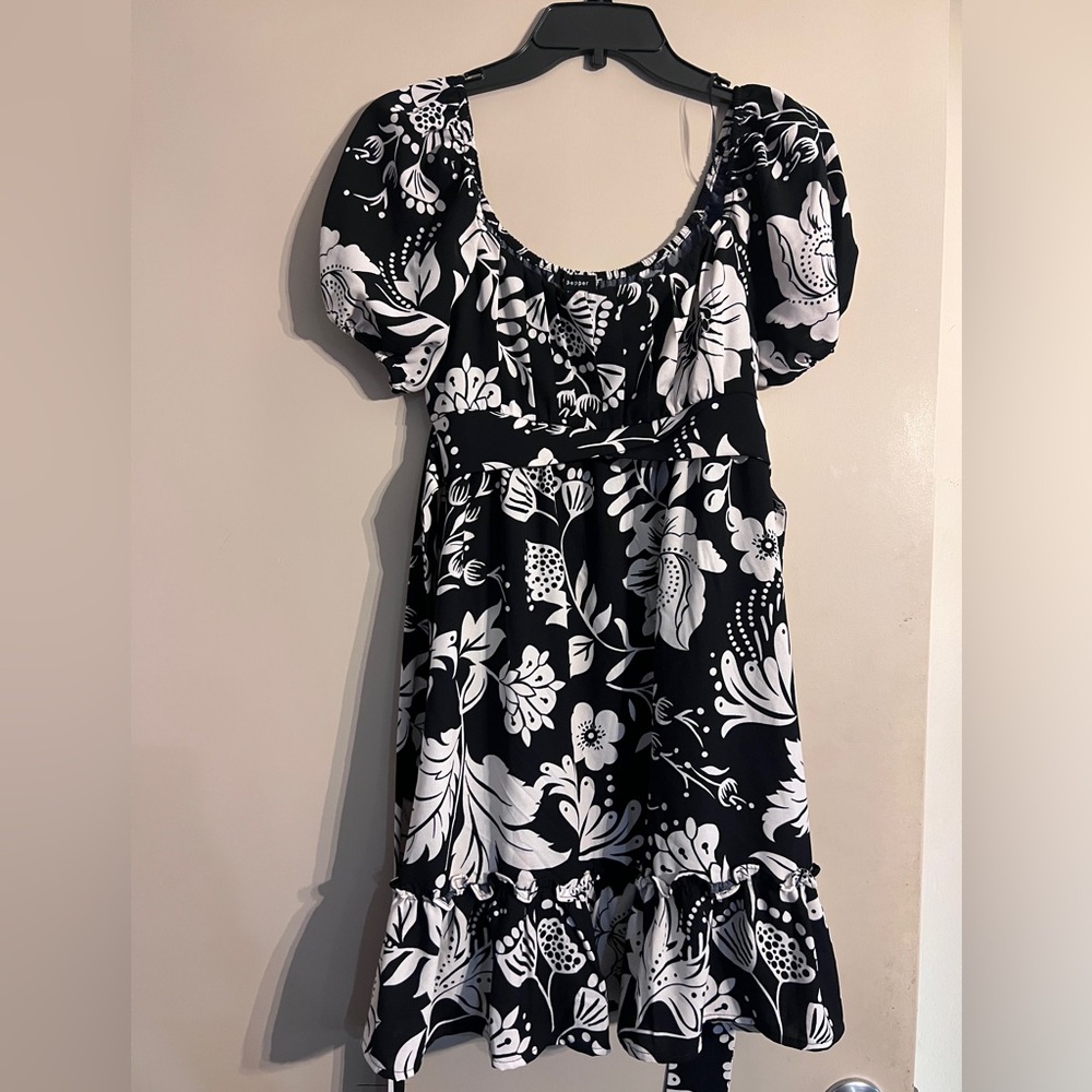 Black & White Floral Ruffled Mini Dress